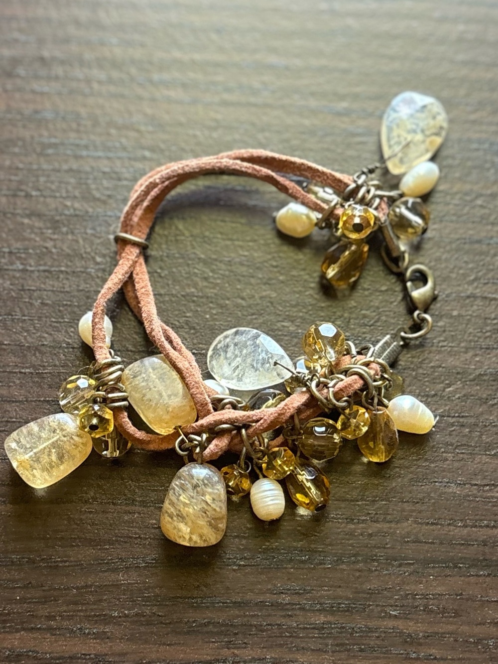 Bohemian Amber Charm Bracelet with Tan Suede Cord